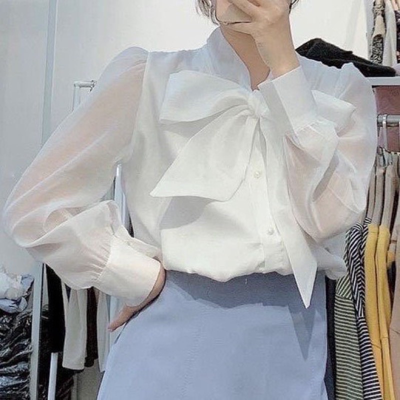 [Hoàn tiền 25%] Áo sơ mi tay bồng cổ nơ khuy ngọc tiểu thư 2 lớp mặc tết đi làm cực xinh mầu trắng b