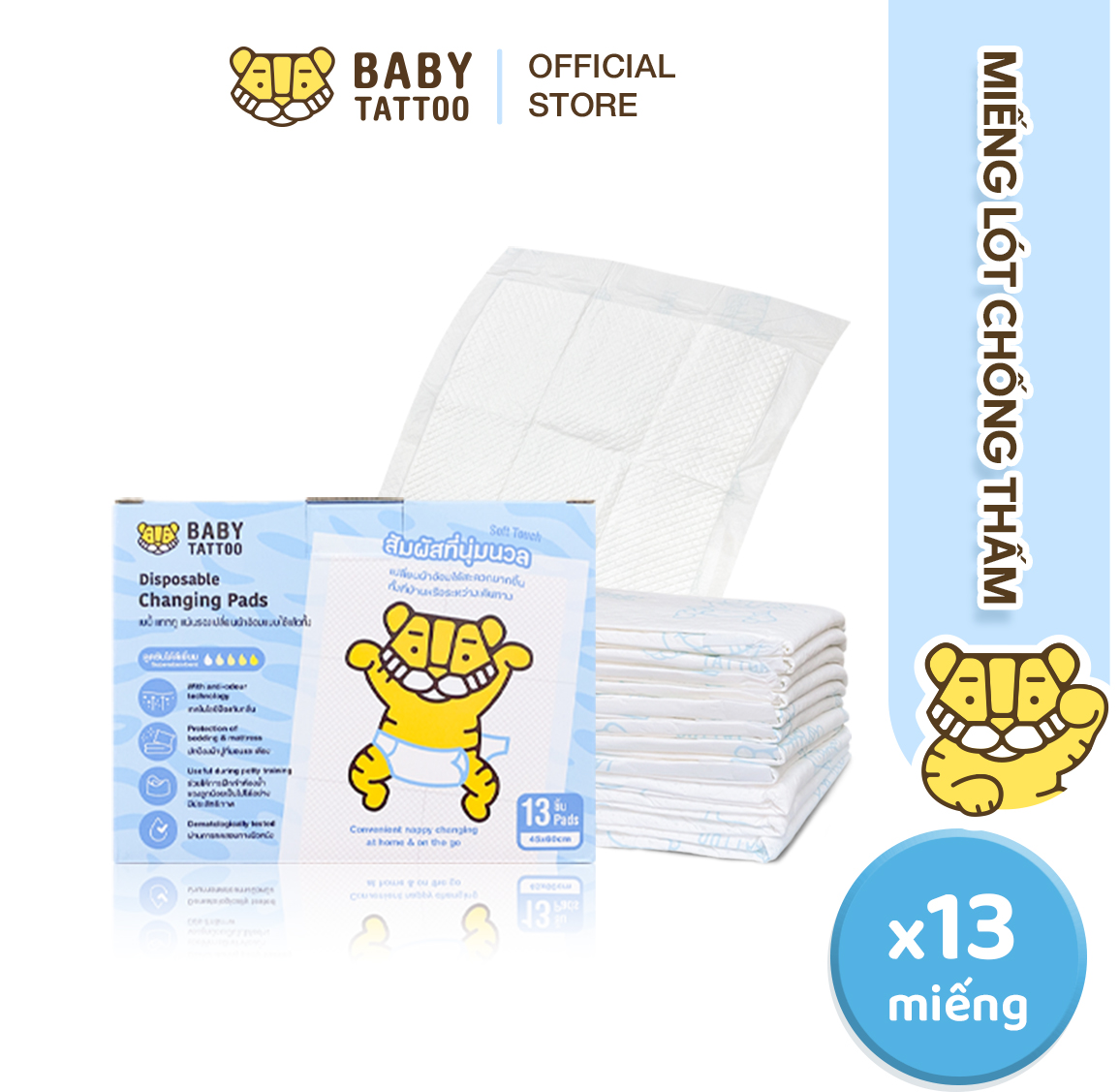 Miếng Lót Chống Thấm Cho Bé BABY TATTOO Sử Dụng 1 Lần 5 Lớp Thấm Hút Khô Thoáng Chống Tràn Hộp 13 Miếng