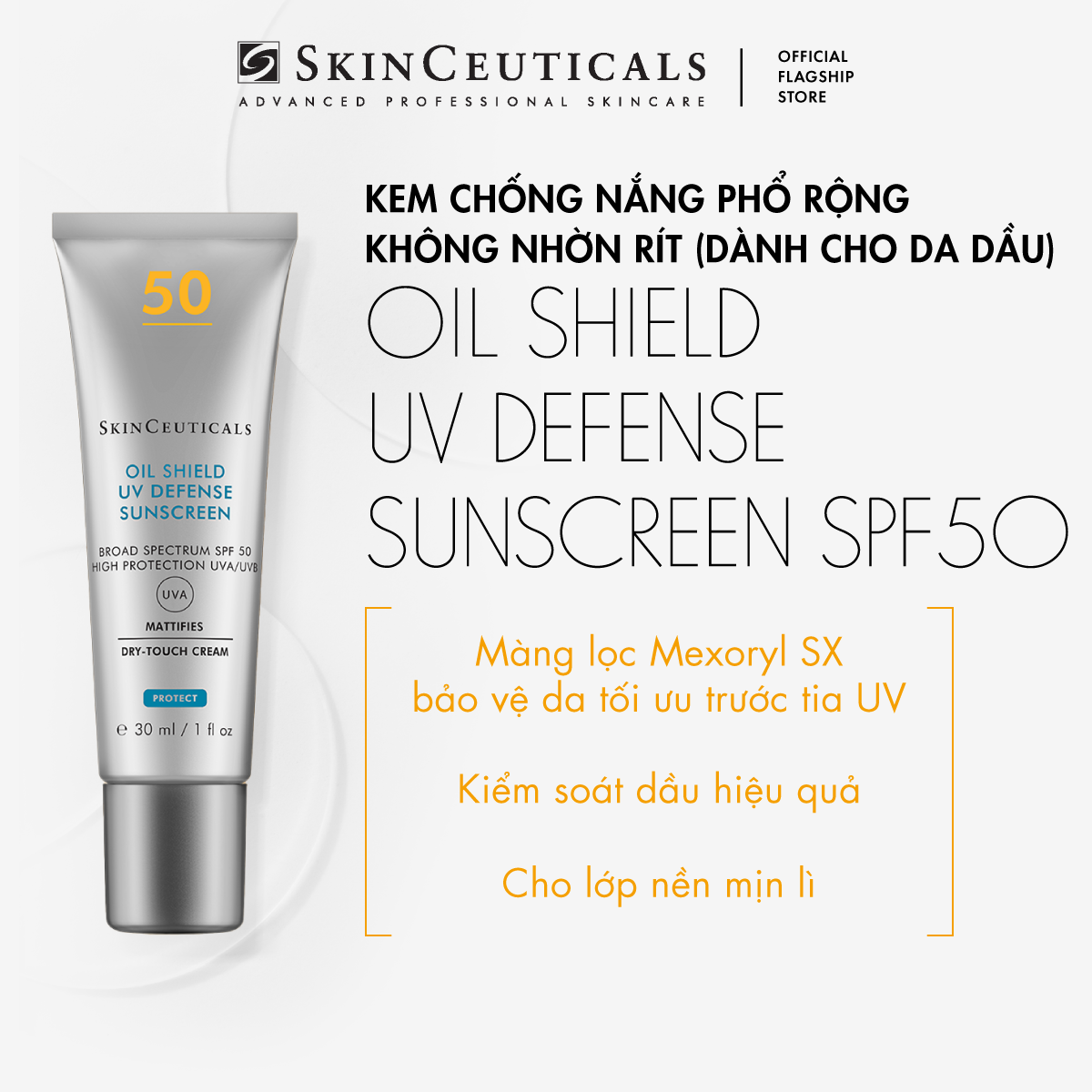 Kem chống nắng phổ rộng không nhờn rít Skinceuticals Oil Shield UV Defense Sunscreen SPF 50 kiềm dầu bảo vệ da tối ưu trước tia UV 30ml