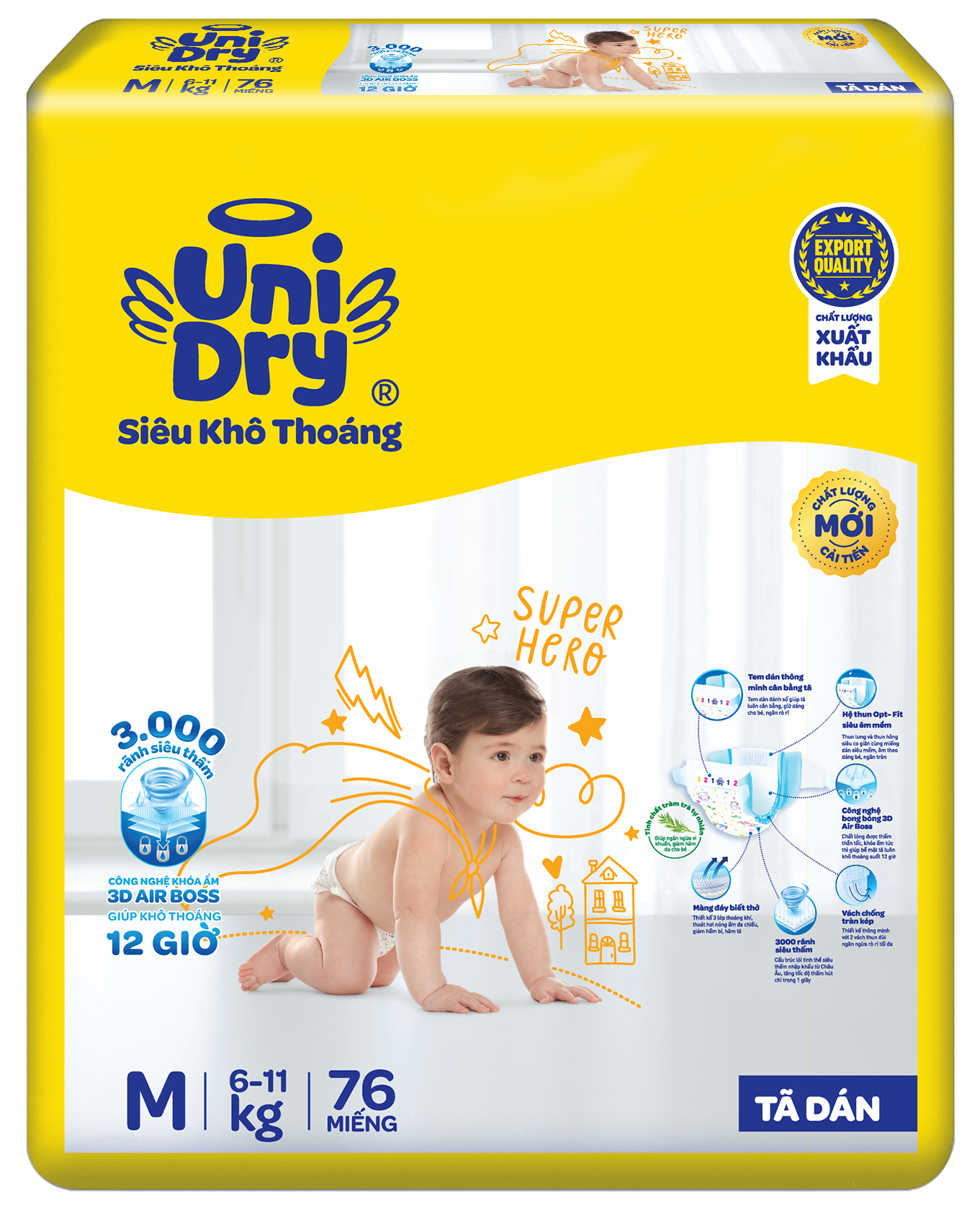 Combo 4 Tã dán UniDry Siêu khô thoáng gói Super Jumbo mới size M76/L68/XL62