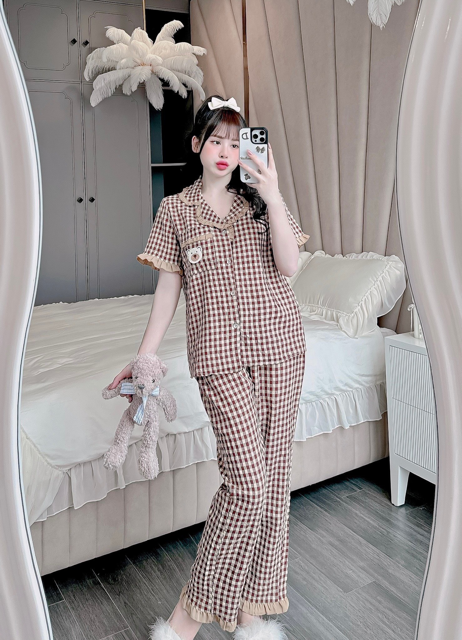 CD6 - Bộ Đồ Ngủ Nữ Chất Đũi Mềm Thoáng Mát Cổ Pijama Kẻ Caro Bèo Tay Cộc Quần Dài