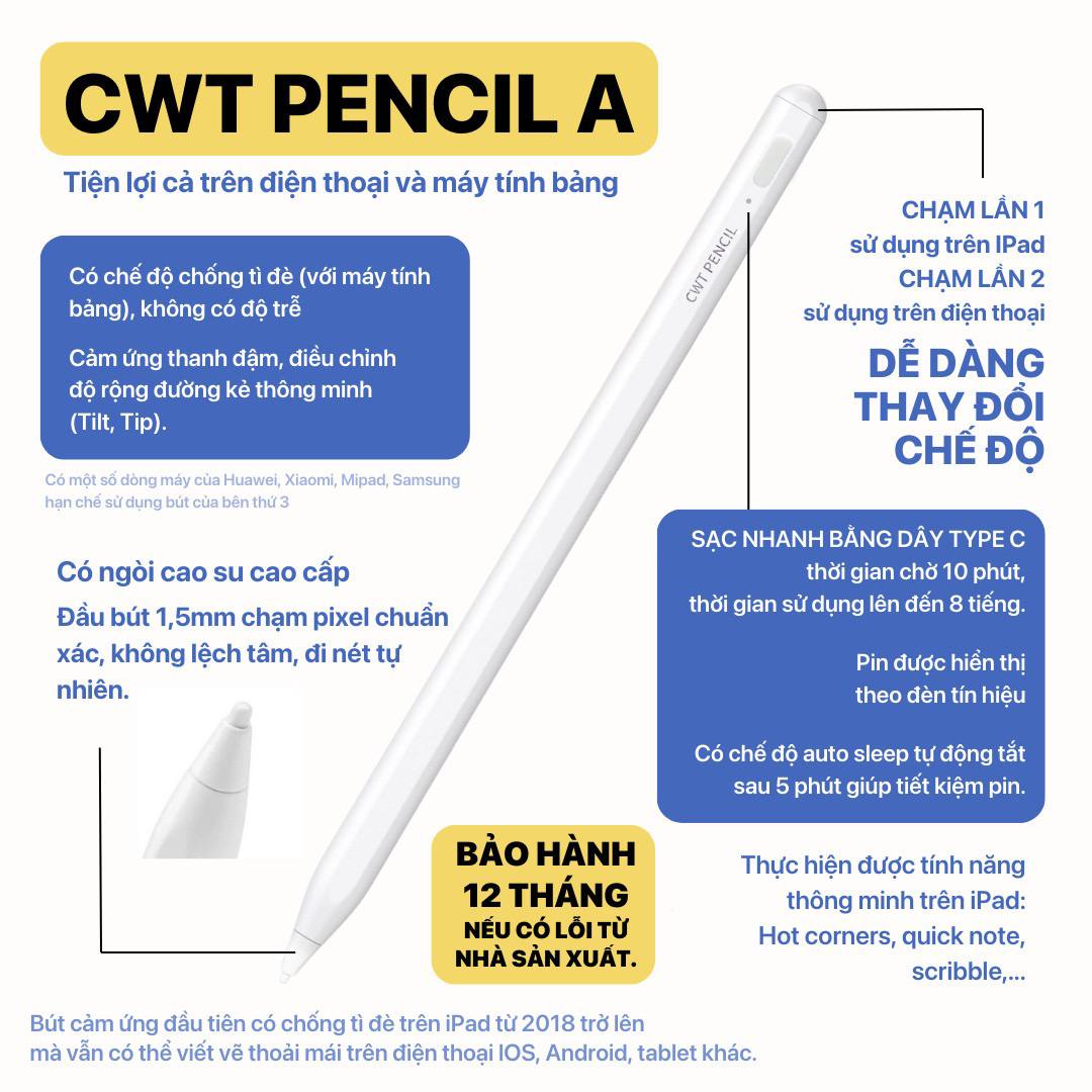 [ TẶNG 2 APP GOODNOTE VÀ PROCREATE] Bút cảm ứng CWT PENCIL A hỗ trợ điện thoại máy tính bảng Android
