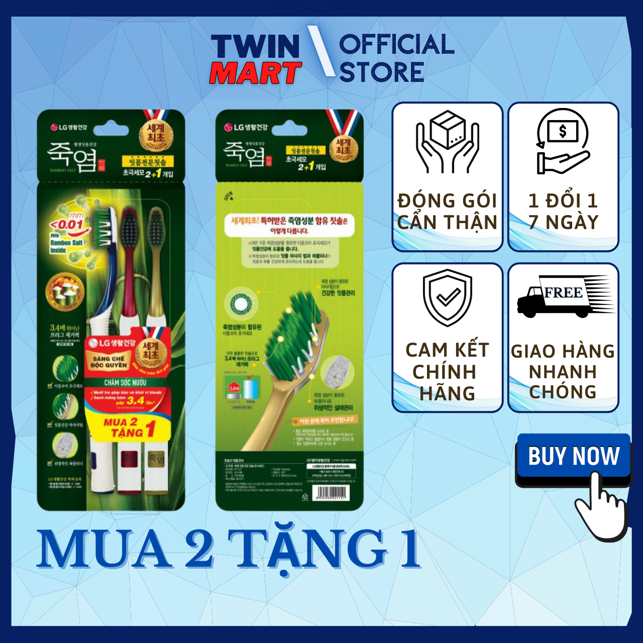 [SALE MUA 2 TẶNG 1] Bộ bàn chải Bamboo Salt In Mom – Chăm Sóc Nướu – Thương Hiệu Hàn Quốc – Lông bàn chải muối tre cực nhỏ – có mặt chải lưỡi – đầu bàn chải có sợi gai cao su mềm