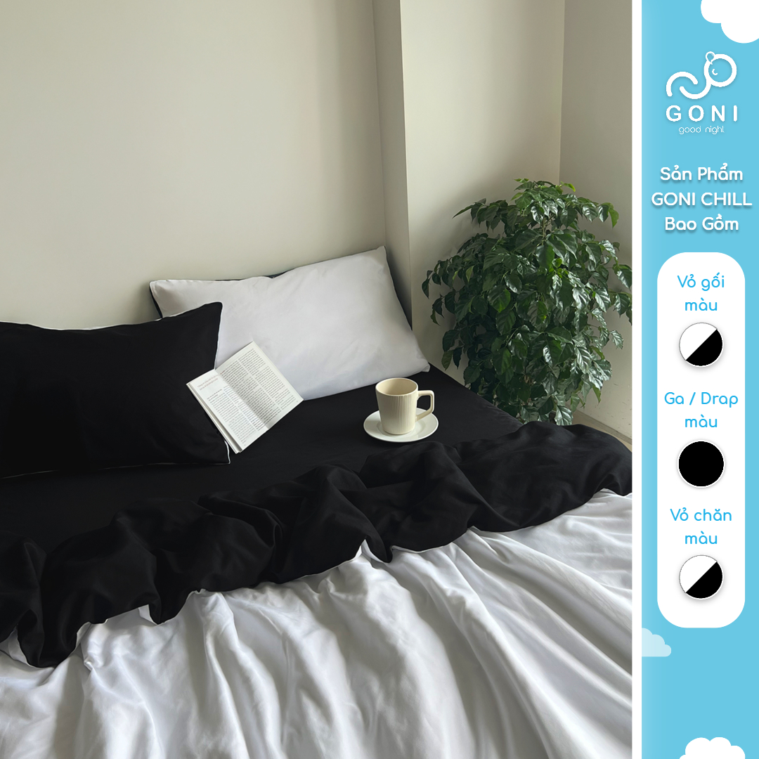 Bộ chăn mền ga gối GONI CHILL màu Trắng Đen - Ga drap giường bo chun cao 4-25cm kích thước 1m 1m2 1m