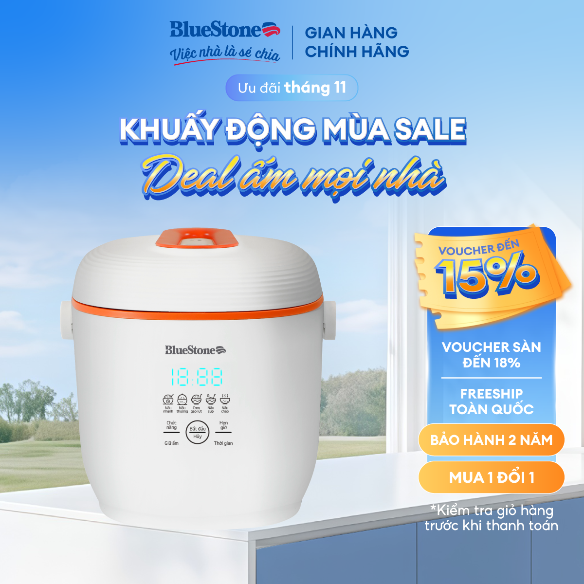 Nồi Cơm Điện Tử BlueStone RCB-5928 - 0.6 Lít - 350W - Điều Khiển Cảm Ứng - Hẹn Giờ - Giữ Ấm - Lòng N