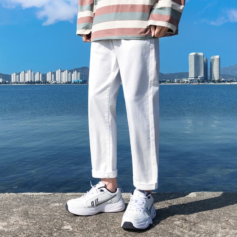 Quần jean  nam màu trắng Baggy ống suông rộng nam quần bò nam hàn quốc 2022- quần ống rông nam