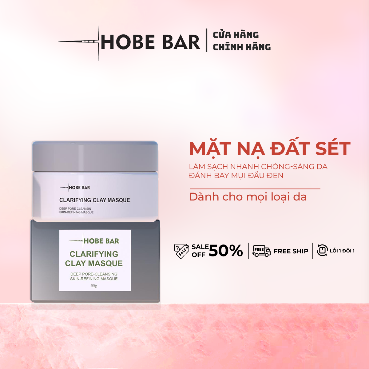 Mặt nạ đất sét HOBEBAR 55g làm sạch sâu se khít lỗ chân lông loại bỏ mụn đầu đen hiệu quả và làm khô vết nhân mụn