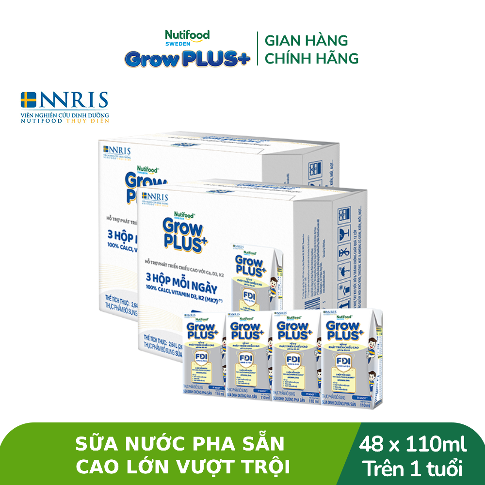 Combo 2 thùng Sữa Nước Pha Sẵn Nutifood Sweden GrowPLUS+ Cao lớn vượt trội - Hỗ trợ phát triển chiều cao - Trên 1 tuổi - 24 hộp x 110ml