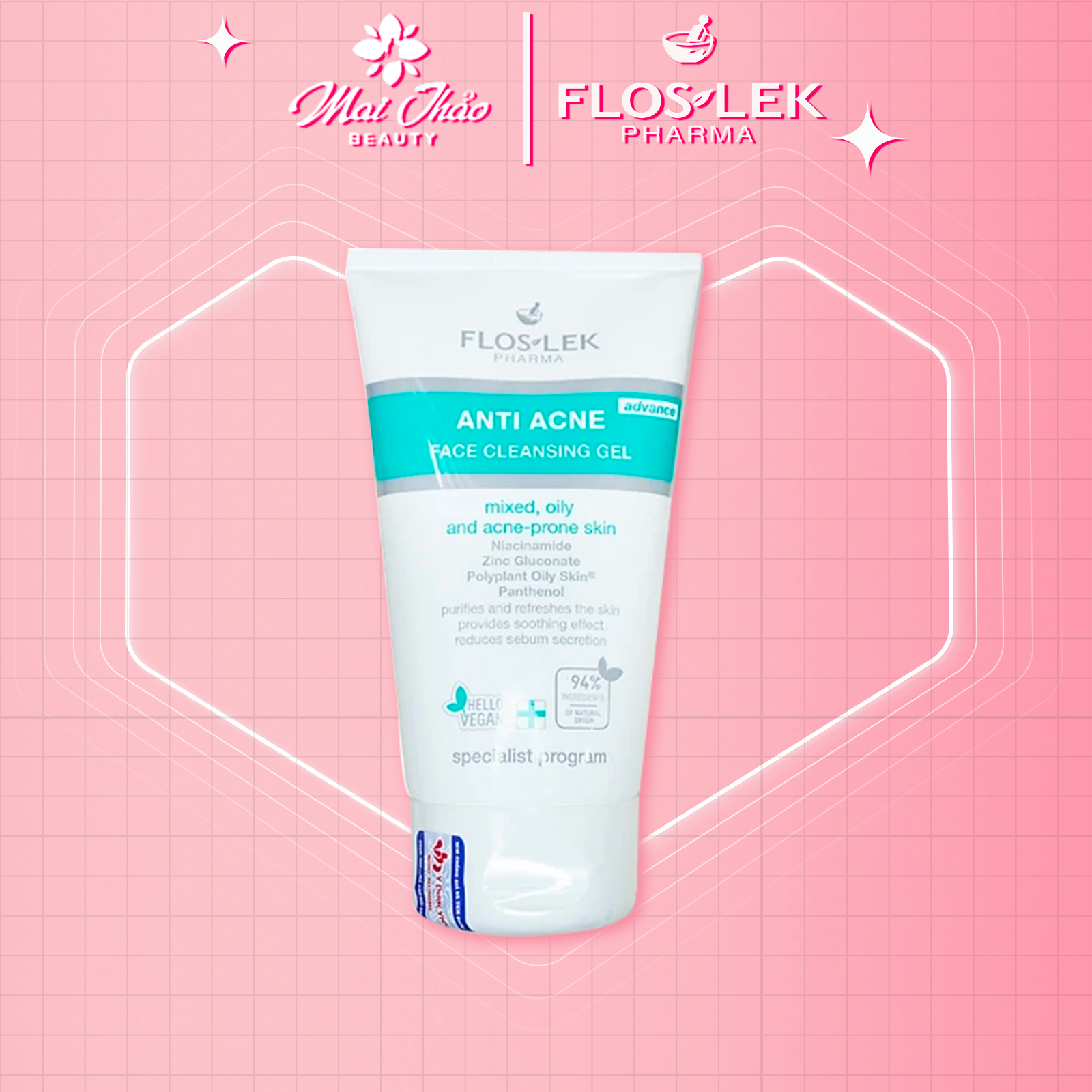 Floslek Pharma Gel Rửa Mặt Kháng Khuẩn Ngừa Mụn Antibacterial Face Cleansing Gel 125ml