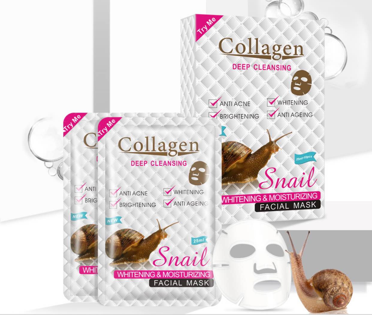 Mặt Nạ Ốc Sên Cllagen Snail WHITENING & MOISTURIZING FACIAL MASK cấp ẩm trắng da giảm thâm sạm da 1 hộpx10 miếng