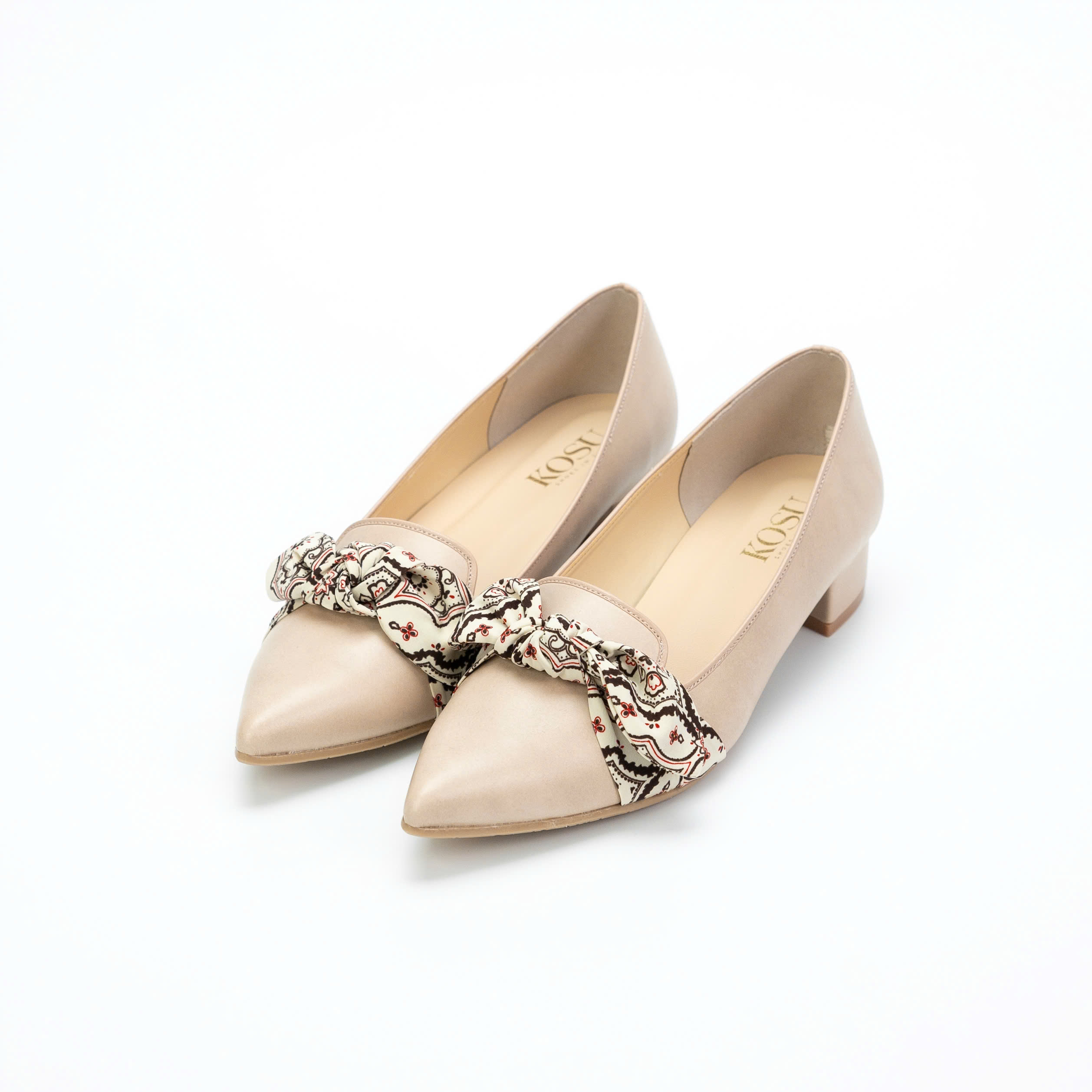 Giầy da KOSU đế vuông hoạ tiết gắn nơ thời trang Nhật Bản cao 3cm 24309