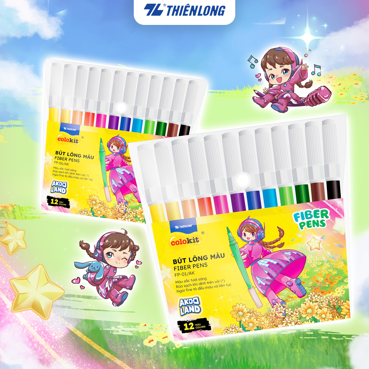 Bút lông 12 màu Fiber Pen Thiên Long Colokit FP-01/AK - Ngòi Fine tô đều màu và liên tục - Phiên bản Akooland