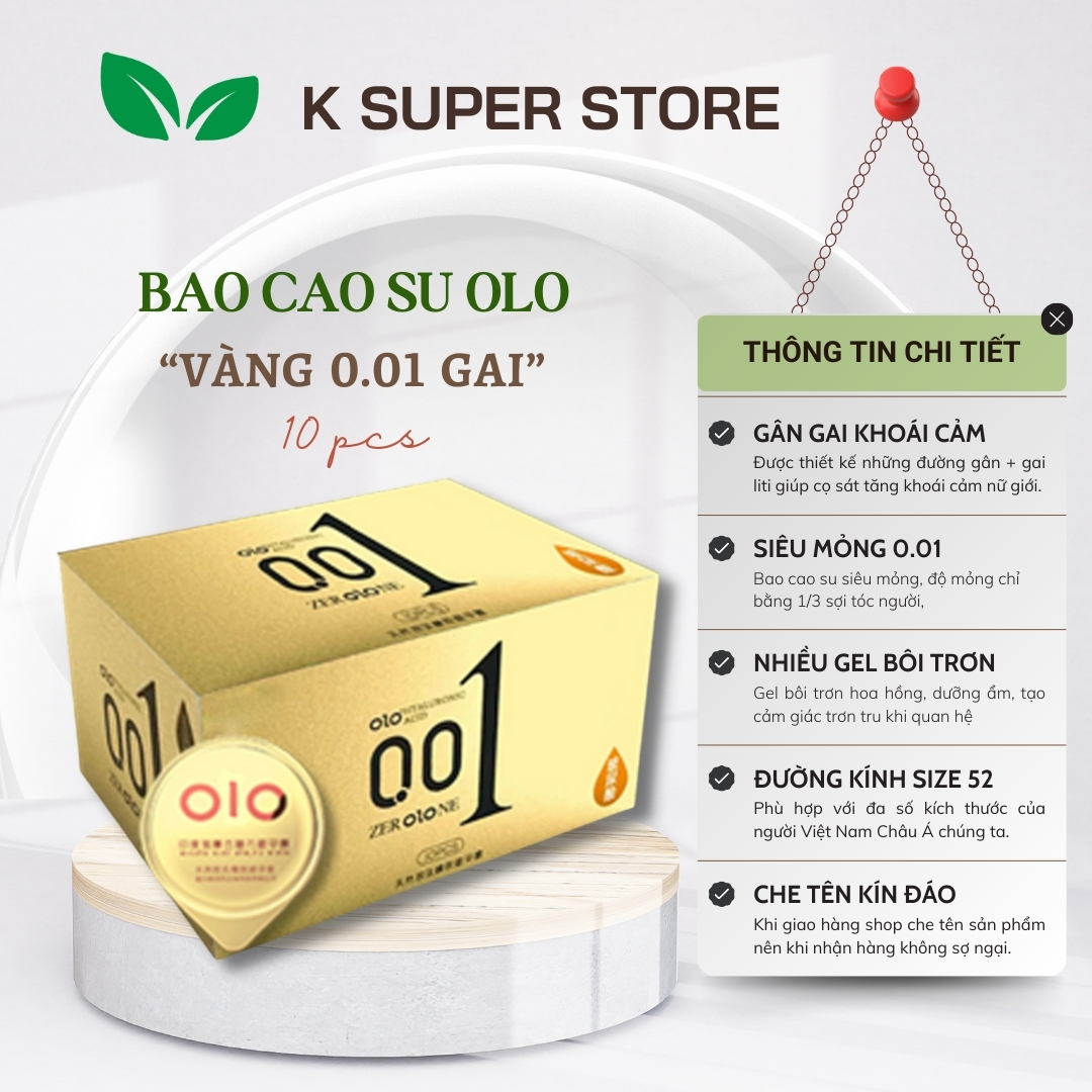 Bao cao su olo 001 vàng 001 siêu mỏng hạt gai nổi đặc biệt gel bôi trơn gốc nước hộp 10 bcs