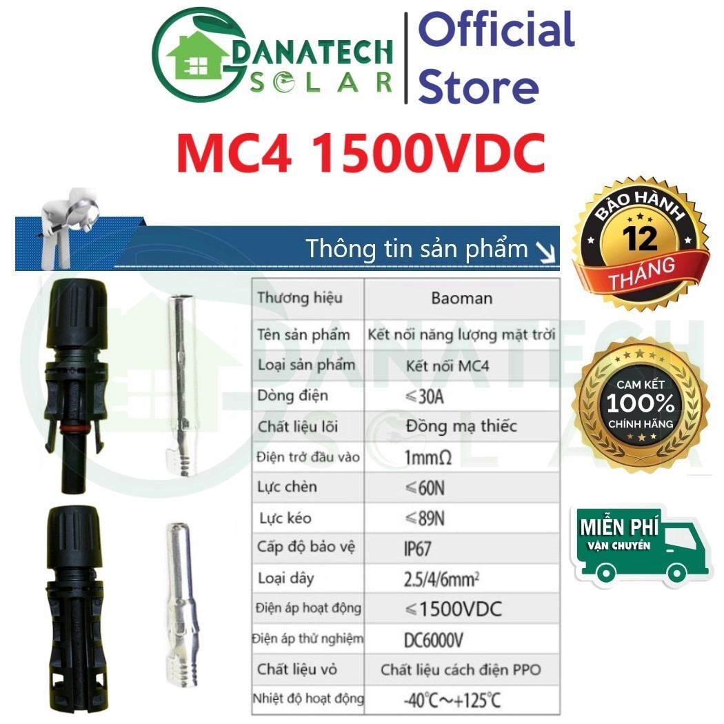 MC4 Leader kết nối các tấm pin và dây cáp bằng đồng mạ thiếc | chống nước IP67 | điện áp 1500V | d