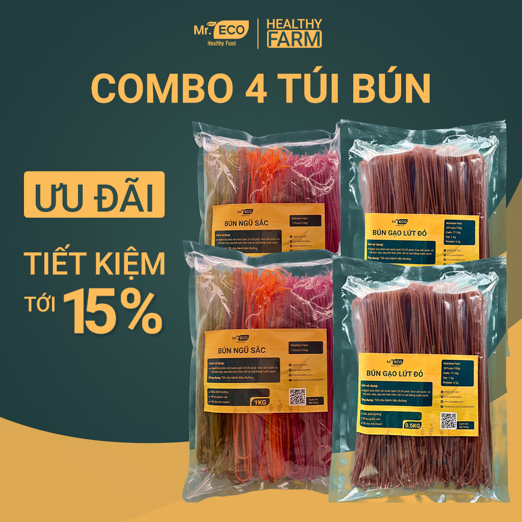 Combo 4 túi bún Mr.Eco 1kg Bún gạo lứt + 1kg Bún ngũ thực phẩm eatclean tốt cho gymmer