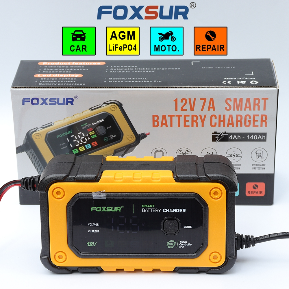 Sạc bình ắc quy Foxsur 7A 12V(4Ah - 140Ah)sạc cho cả pin LiFePO4 tự ngắt khử sunfat chống ngược cực chống chập