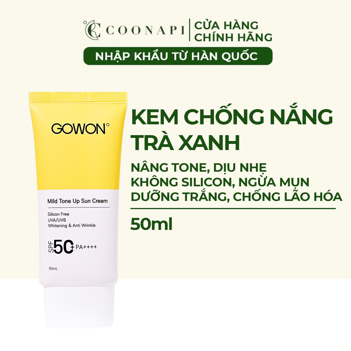 Kem Chống Nắng Cho Da Nhạy Cảm Ngừa Mụn Dưỡng Trắng Da Chiết Xuất Trà Xanh Gowon Mild Tone Up Sun Cream SPF50+/PA++++