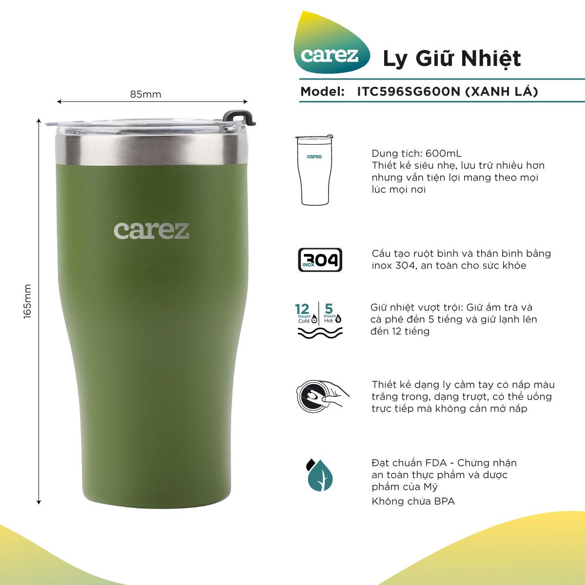 Ly Giữ Nhiệt Carez ITC596SG600N - XANH LÁ- 600ml Inox 304 Không chứa BPA - Giữ nóng đến 5 tiếng giữ 