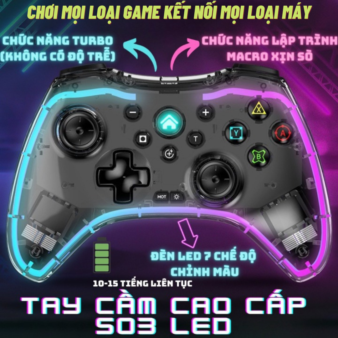 Tay Cầm Chơi Game - GamePad SO3 LED 7 Màu Trong Suốt Cho Android TV điện thoại Android PC TV Box PS 4.8 PS4 PS5 Xbox X-one