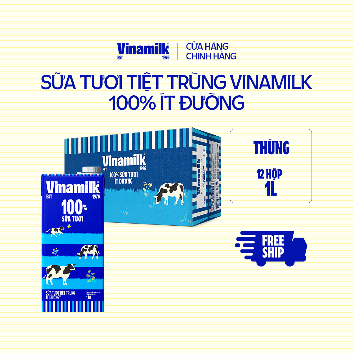 Thùng 12 hộp Sữa tươi tiệt trùng Vinamilk 100% ít đường Hộp giấy 1L