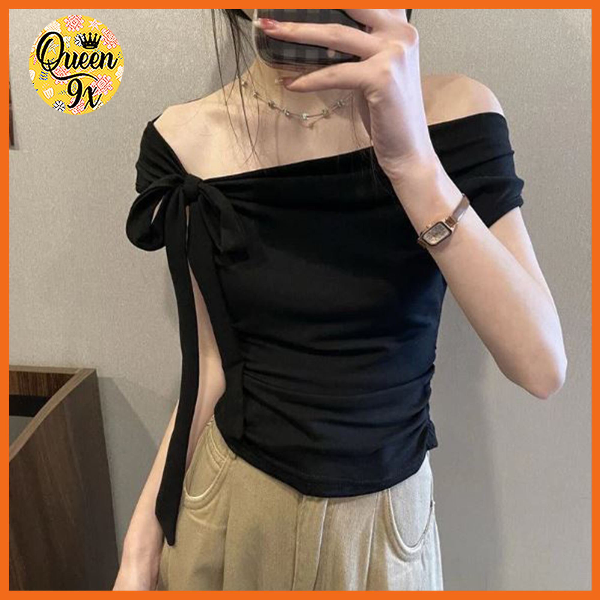 Áo Croptop Trễ Vai Kèm Dây Thắt Nơ Xinh Xắn Dáng Tiểu Thư Sang Chảnh