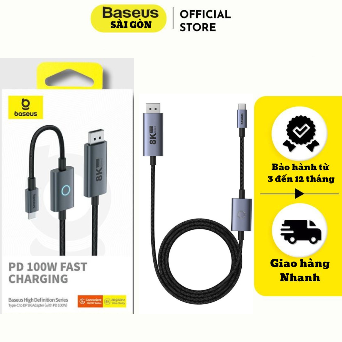 Cáp chuyển Baseus High Definition Series Type-C to (Displayport) DP 8K Adapter 1.5m (with PD 100W)