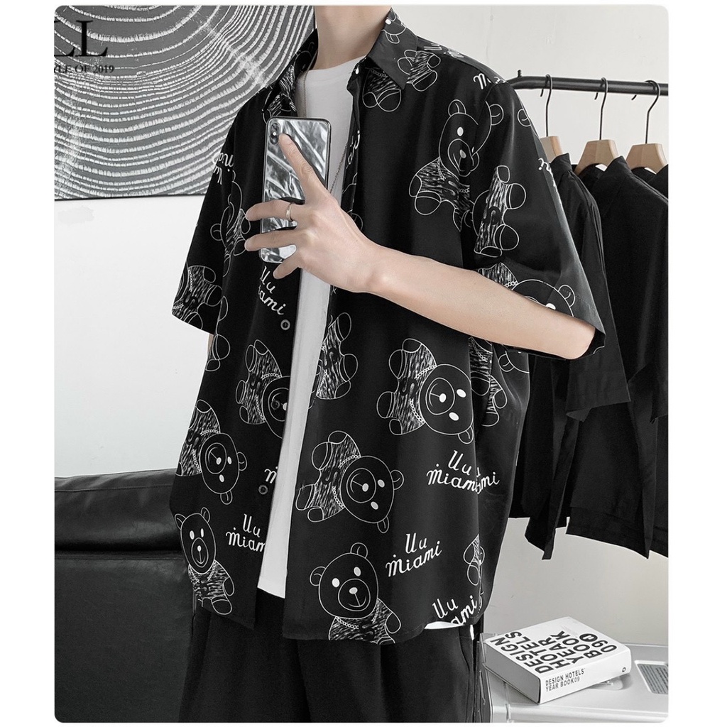 Áo sơ mi nam tay ngắn kiểu họa tiết gấu local brand DOLARO sơ mi nữ form rộng hàn quốc đẹp giá rẻ