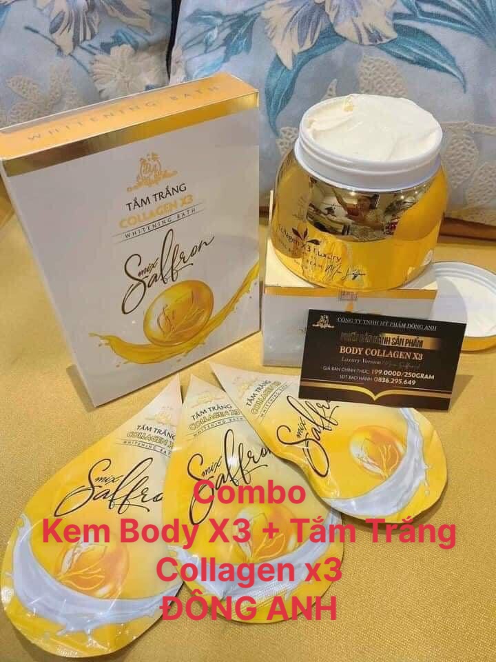 Combo 2 sản phẩm Kem body Collagen X3 Mix Saffron 250gr và Tắm trắng Collagen X3 Luxury Mix Saffron ĐÔNG ANH giúp sạch da và trắng da toàn thân cung cấp độ ẩm cho da giúp bạn tự tin hơn (chính hãng công ty 100% - miễn ship)