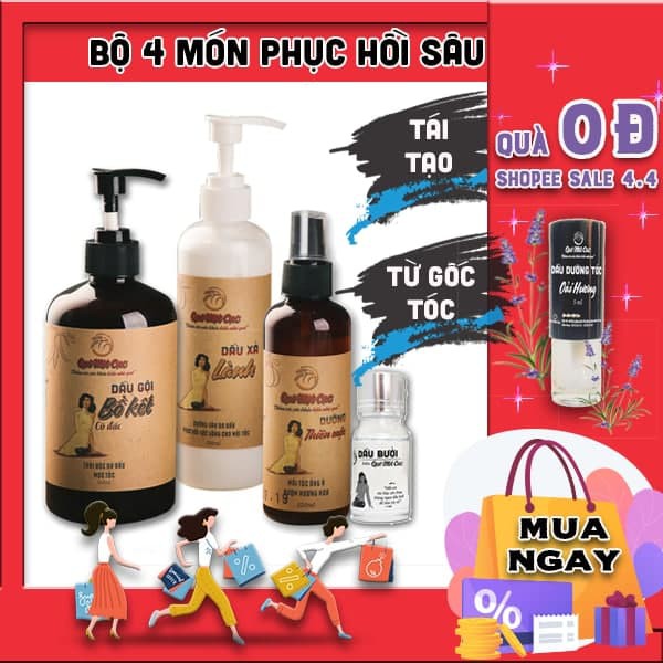 [Hcm]Bộ Dầu Gội Bồ Kết Dầu Xả Xịt Dưỡng Tóc Tinh Dầu 4 Món Giảm Rụng Tái Tạo Tóc Hư Tổn Mọi Cấp Độ Quê Một Cục (Handmade)
