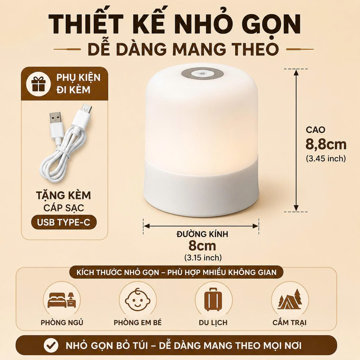 Đèn Ngủ LED Cảm Ứng Tích Điện 3 Màu – Đèn Pha Sữa Ban Đêm Thay Bỉm Cho Bé Điều Chỉnh Độ Sáng Một Chạm