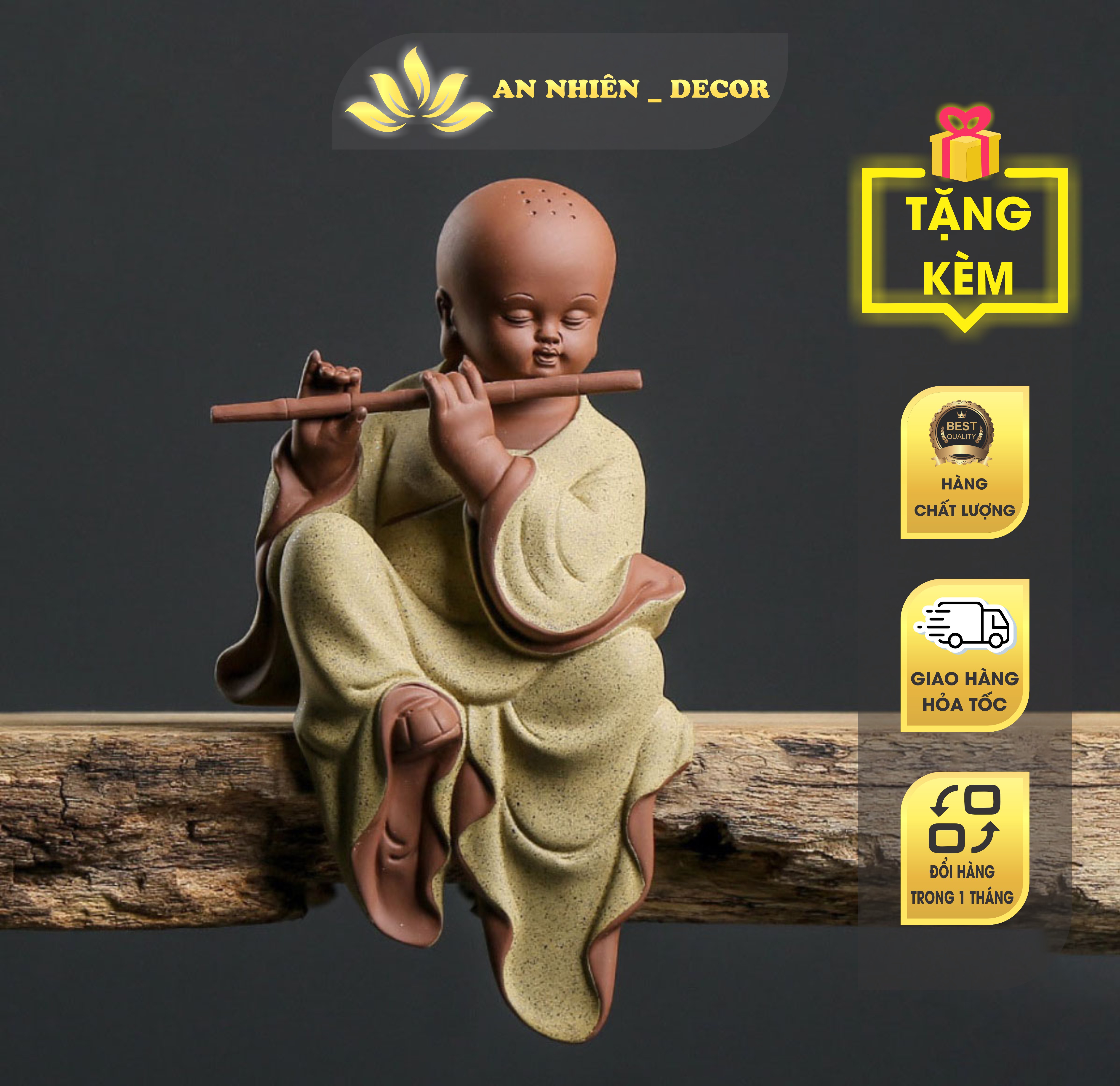 Tượng Chú Tiểu Ngồi Thổi Sáo 23x13cm - Trang Trí Tiểu Cảnh Tượng Mini Để Bàn