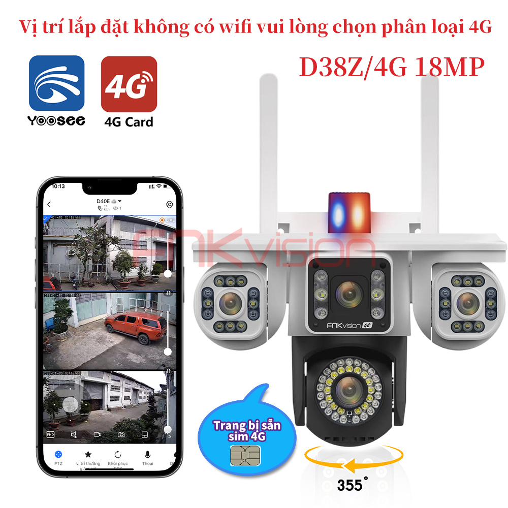 [FNKvision] Camera năng lượng mặt trời 4G Yoosee 2 mắt 12MP D38Z/4G  xoay chuyển quan sát 360 độ bảo