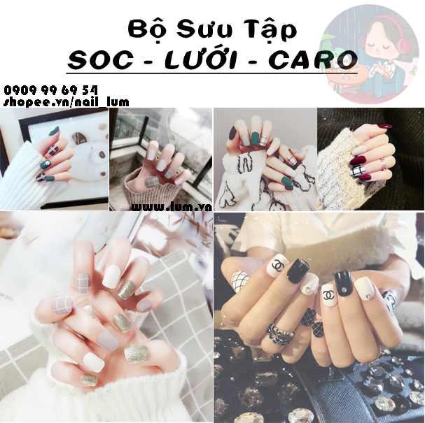[Hcm]Móng Giả - Nail Họa Tiết Sọc - Lưới - Caro [Sẵn Keo - Đóng Hộp 24 Mẫu Đủ Size] - Bst