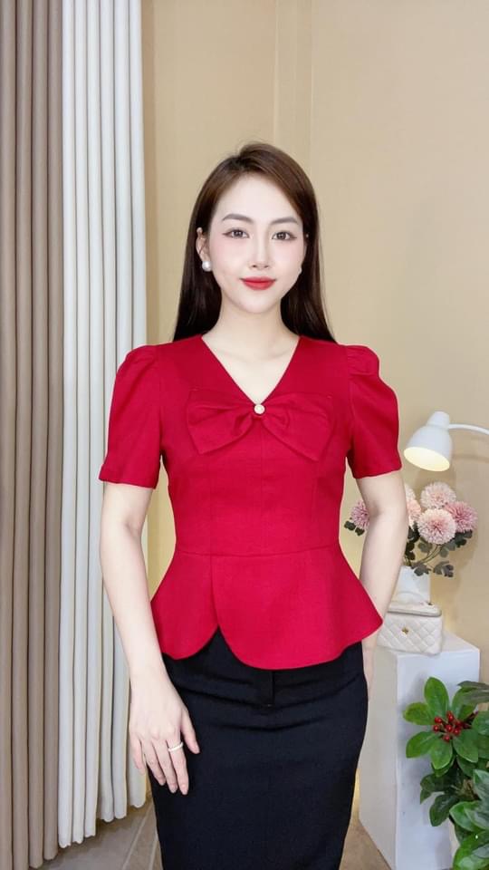 Áo peplum đính nơ công sở tay lỡ dự tiệc thắt eo tôn dáng mặc đi làm đi chơi