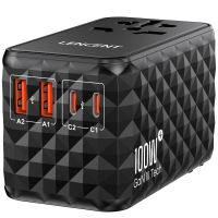 Lencent 120W du lịch quốc tế Adapter gan Bộ chuyển đổi du lịch phổ thông với 1 USB-A & 3 loại C Bộ chuyển đổi điện sạc nhanh cho điện thoại máy tính xách tay trên toàn thế giới Bộ chuyển đổi phích cắm cho USA/UK/EU/AUS đen