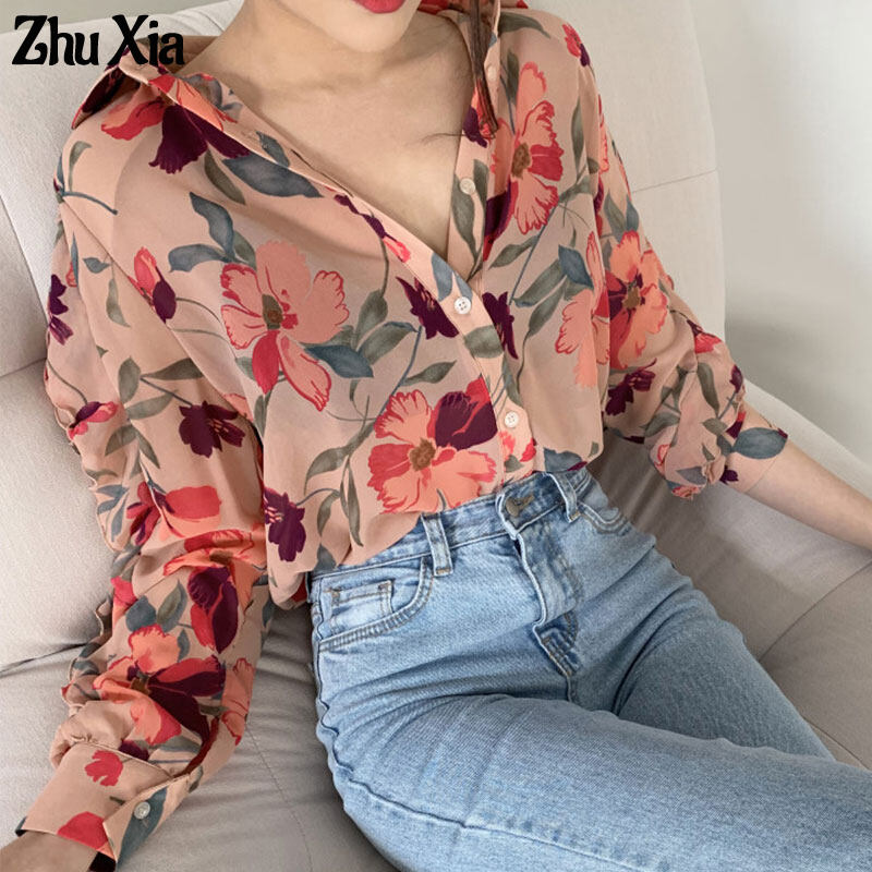 Áo Sơ Mi Voan Hoa Zhu Xia Áo Sơ Mi Nữ Mỏng Đơn Giản Dài Tay Lót Thời Trang Cho Nữ