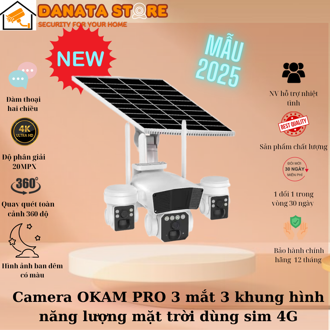 (Lỗi 1 đổi 1 ) Camera OKAM PRO 3 mắt 3 khung hình năng lượng mặt trời dùng sim 4G