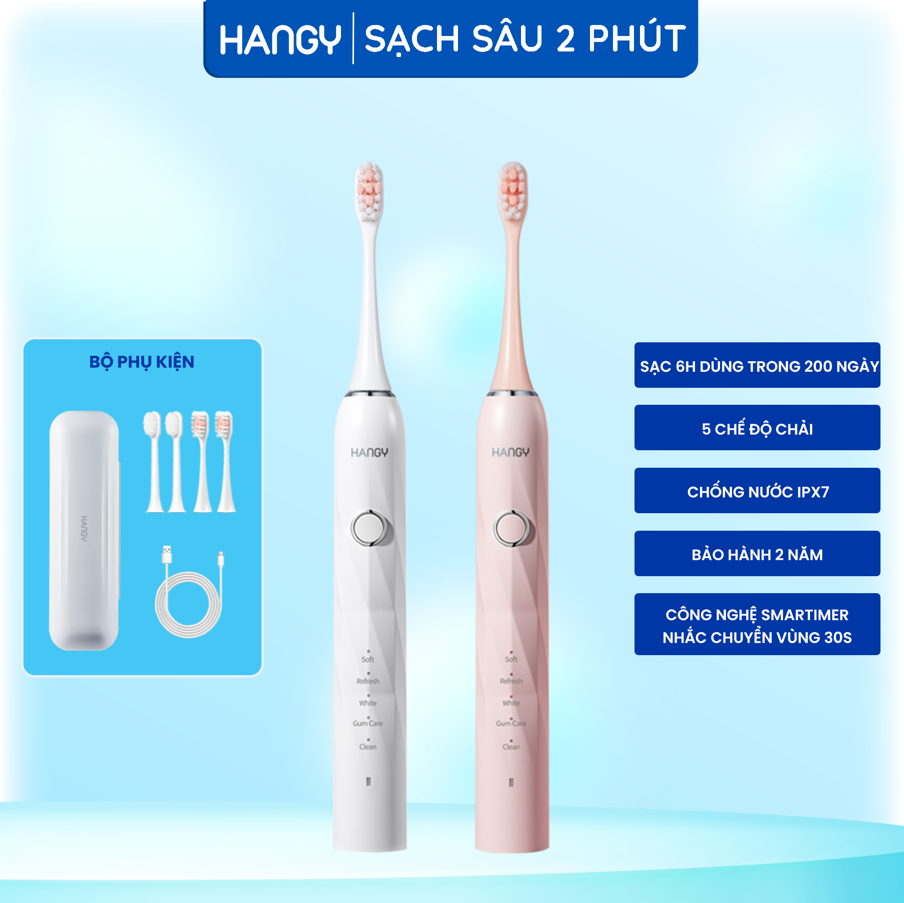 Bàn chải điện HANGY chuẩn nha khoa HY23 Pro Nâng Cấp siêu sóng âm làm trắng răng giảm mảng bám [Bảo