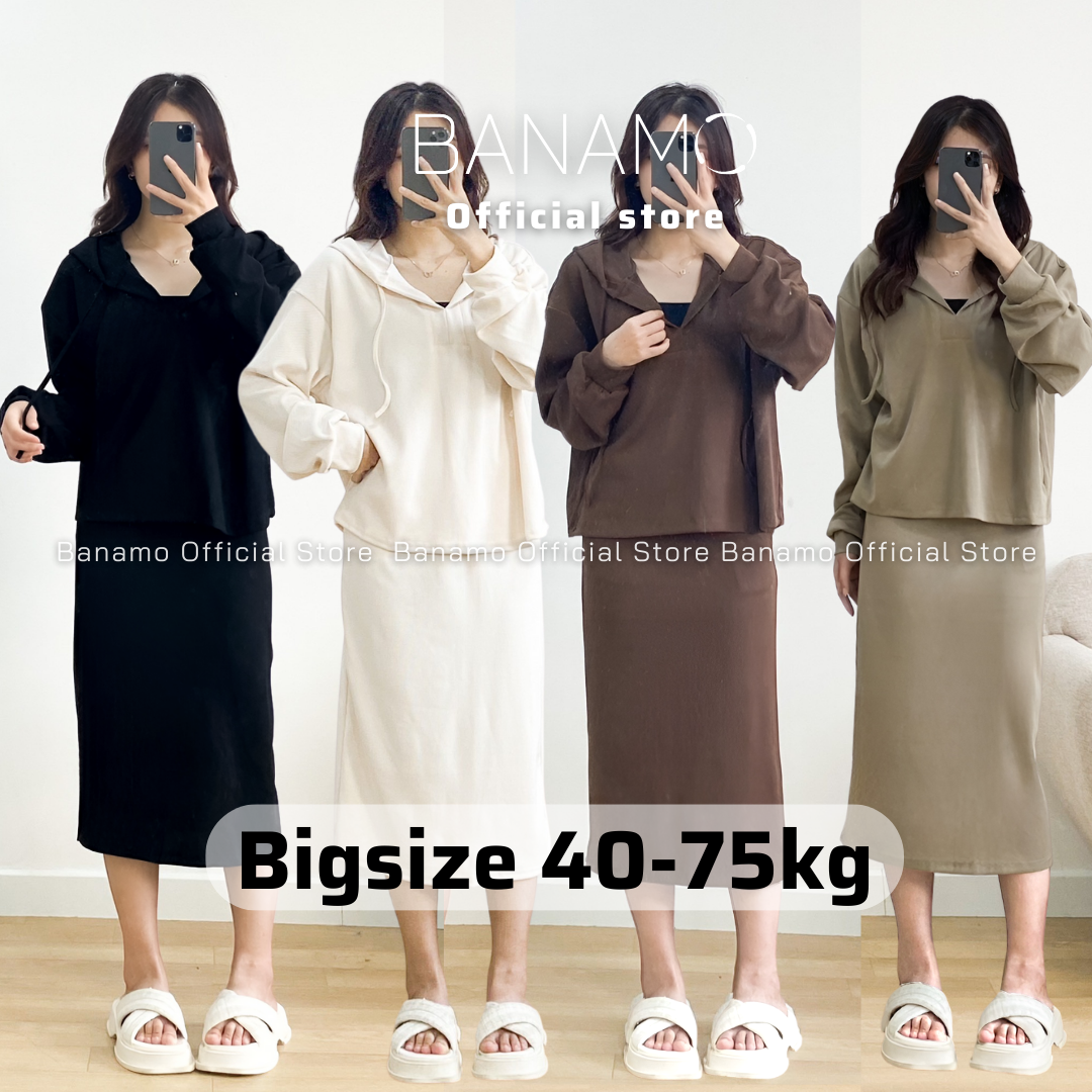 Set nữ Banamo Fashion bộ nỉ tăm có mũ kèm chân váy dài 192