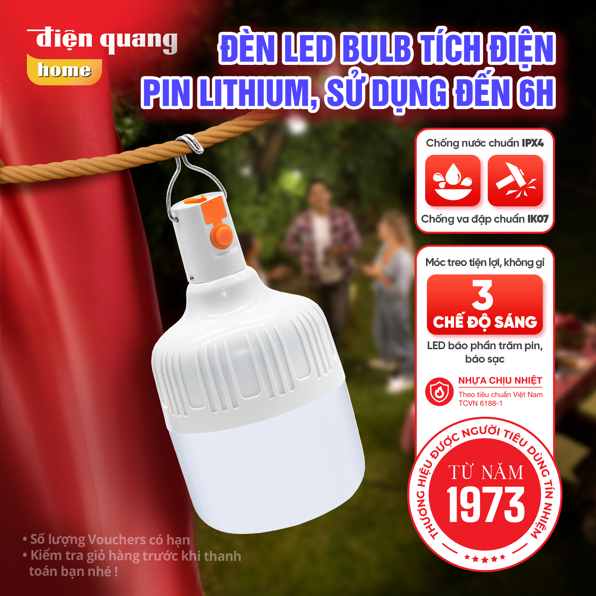 [Sản phẩm mới] Đèn Tích Điện Đèn Sạc Điện Quang Led Bulb ĐQ LEDBUR01 Chống Nước 3 Chế Độ Đèn (Ánh Sáng Trắng)