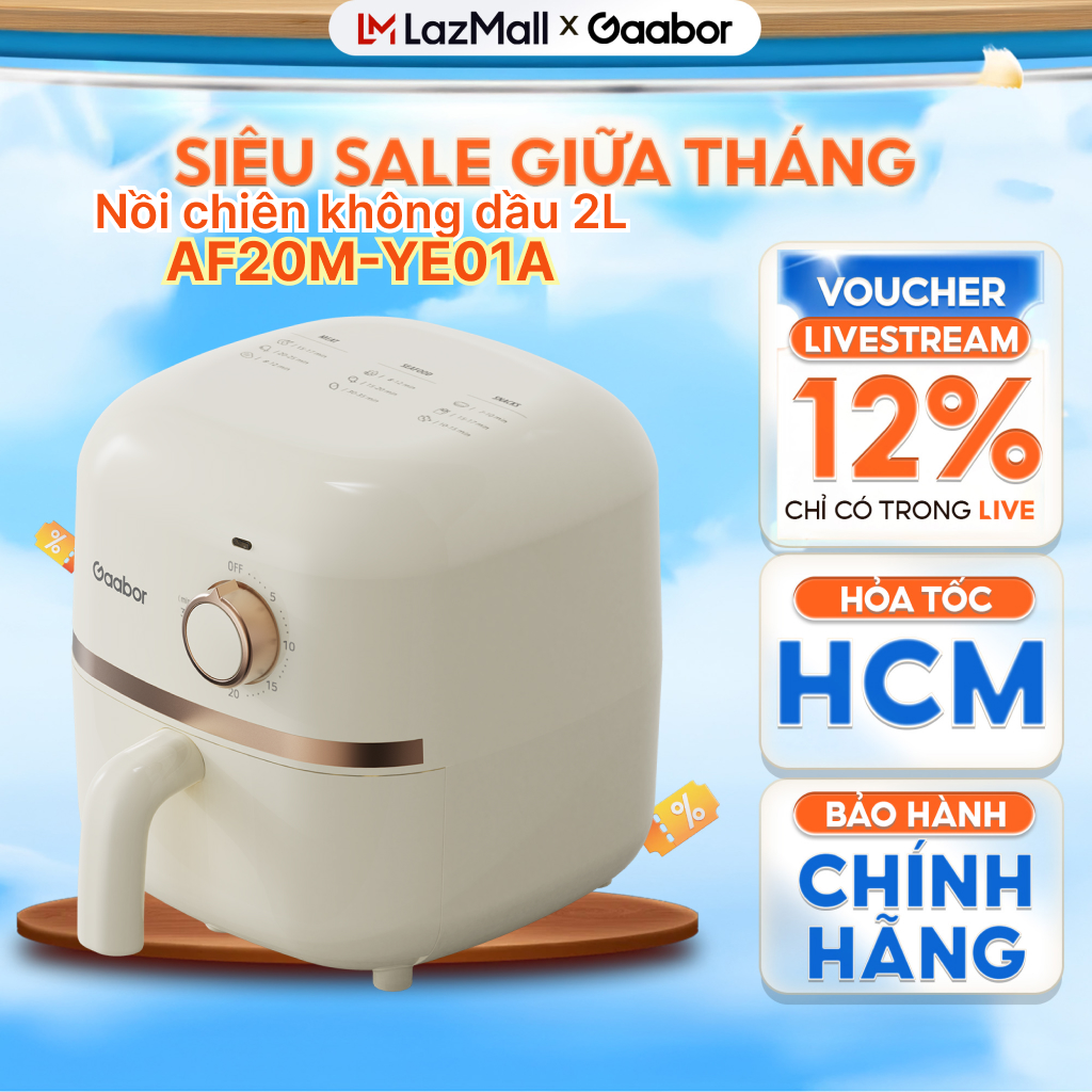 FLASH SALE Nồi chiên không dầu Gaabor  mini 2L 900W AF20M-YE01A màu Pastel sang trọng tự động ngắt đ