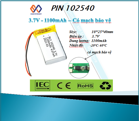 Pin Lithium - Ion 3.7V 102540 1100mah (có mạch bảo vệ)