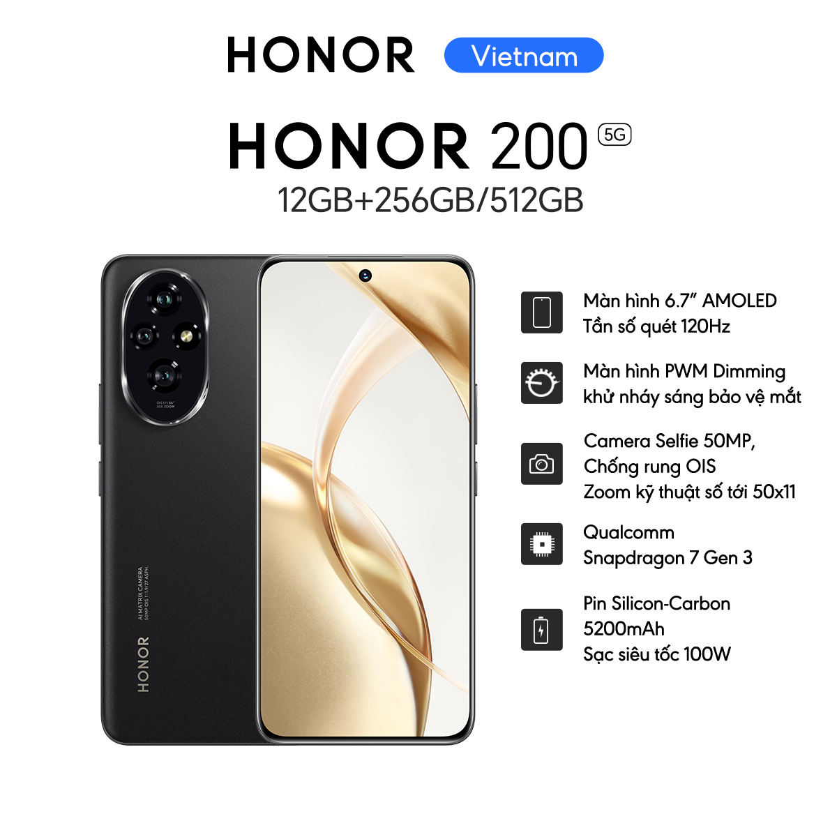 Điện thoại cao cấp Honor 200 5G 12GB + 256/512GB | Bộ 3 AI Camera 50MP | Pin 5200mAh sạc nhanh 100W 