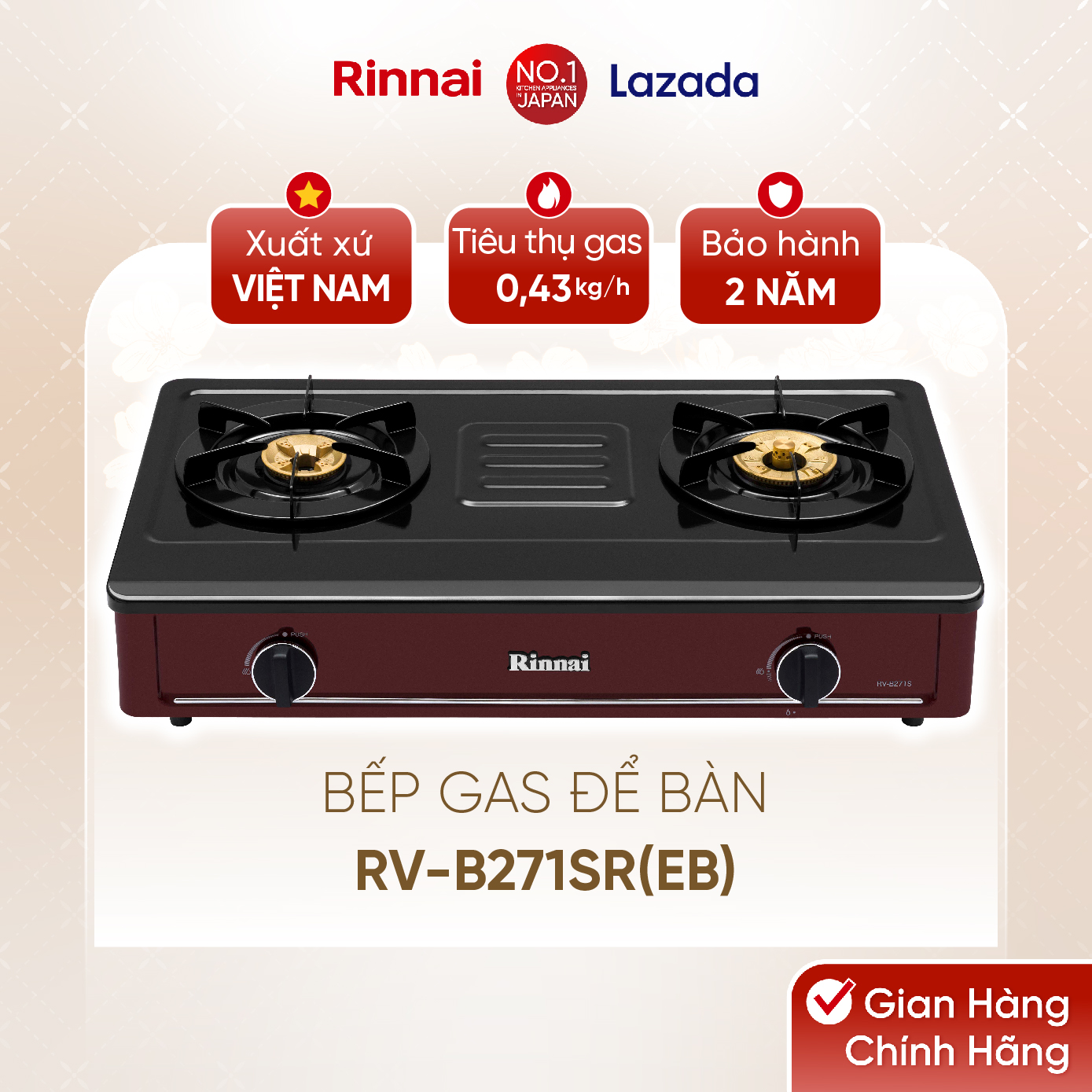 Bếp gas dương Rinnai RV-B271SR(EB) mặt bếp men và kiềng bếp men - Hàng chính hãng.