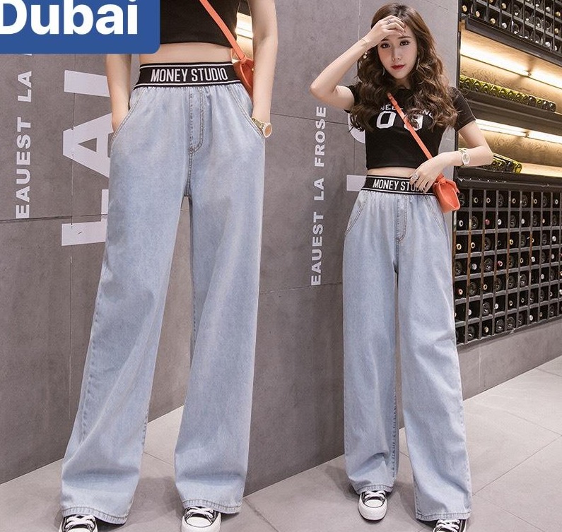 QUẦN BAGGY JEAN NỮ CHẤT BÒ ỐNG SUÔNG RỘNG XANH DÀI LƯNG THUN CẠP CHUN CHỮ LƯNG CAO NÂNG MÔNG HOT TRE