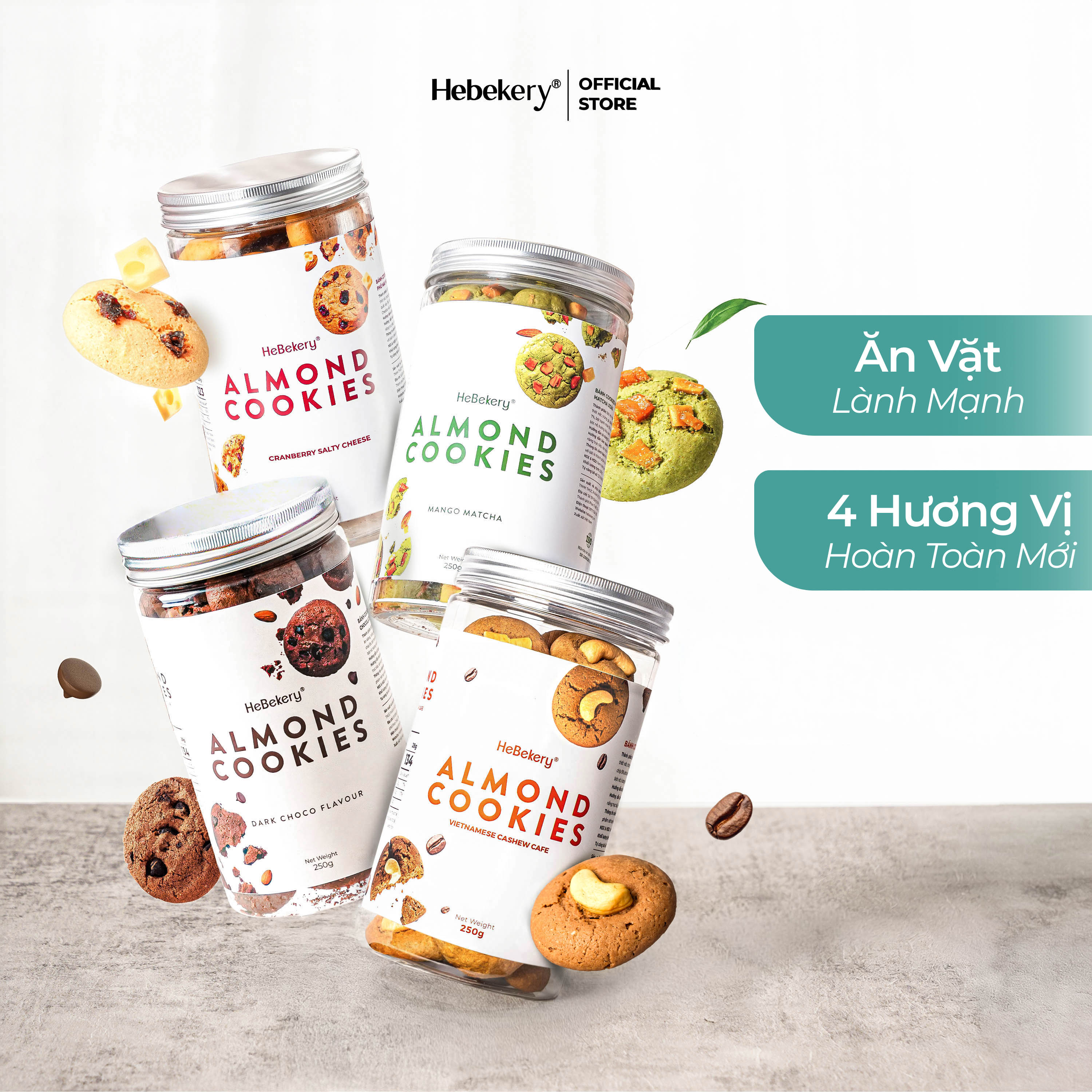 [Combo 4 Hũ] Cookies Hạnh Nhân Nguyên Cám 4 Vị Choco Matcha Cranberry Cafe - Cookie Ăn Vặt Chuẩn Hea