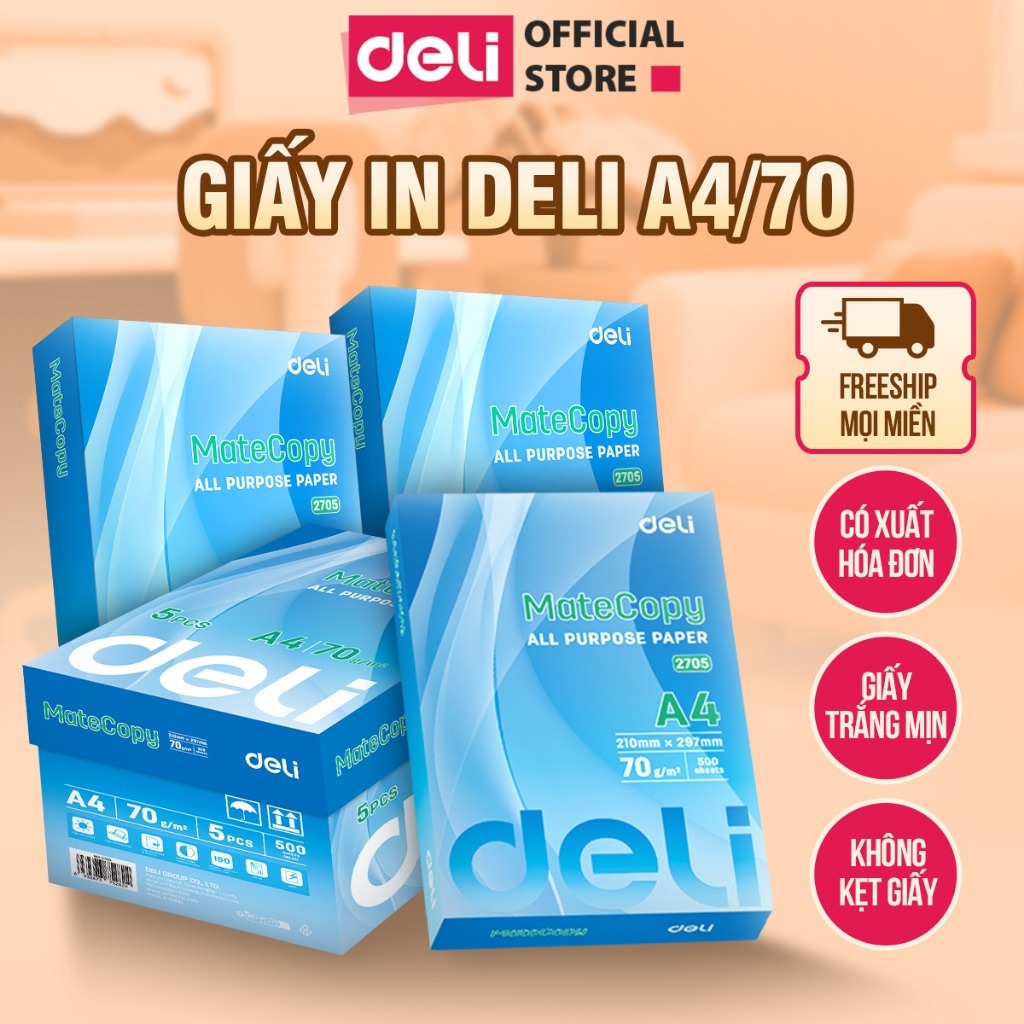 500 Tờ Giấy A4 Deli Giấy In Photo Cao Cấp Chính Hãng Loại Dày - Giấy Vẽ Chống Lóa Mỏi Mắt