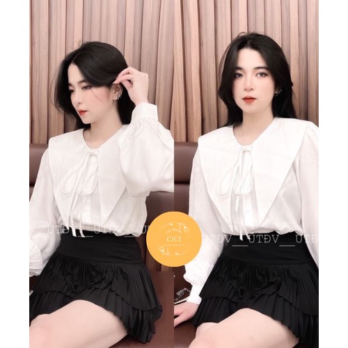 Áo Sơ Mi Cổ Nhọn Buộc Nơ Tay Bồng Tiểu Thư