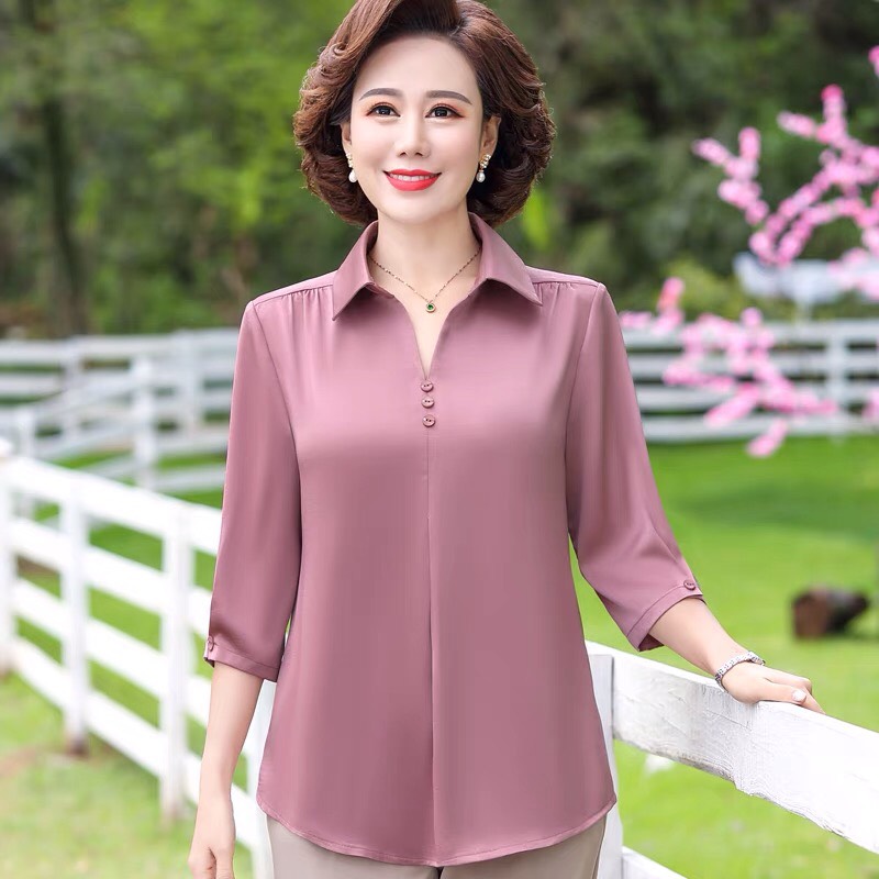 Áo sơ mi nữ trung niên sang trọng fom rộng áo kiểu cổ bẻ  chất voan lụa mềm mại kiểu dáng suông sang