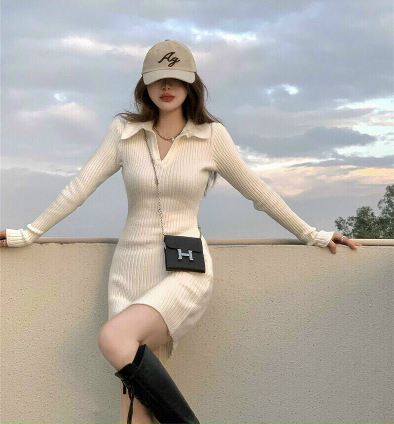 [Voucher 50k Freeship Max 0 đồng toàn quốc] Đầm bodycon thu đông cổ bẻ váy thu đông tay dài đơn giản